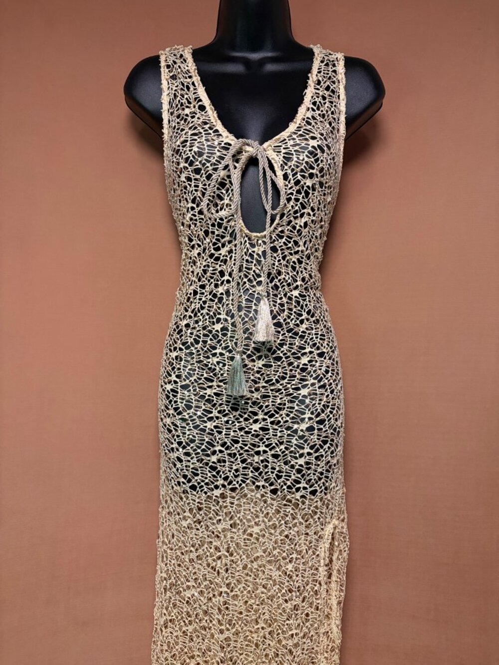 Aruba Blue Beige Crochet Swimsuit Cover-Up Dress - Womens XL